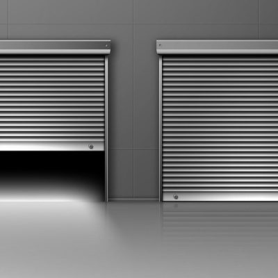 Garage doors, hangar entrances with roller shutters. Warehouse exterior with close and open boxes, Realistic 3d vector storage for car parking or rent, rooms for repair service with metal doorways